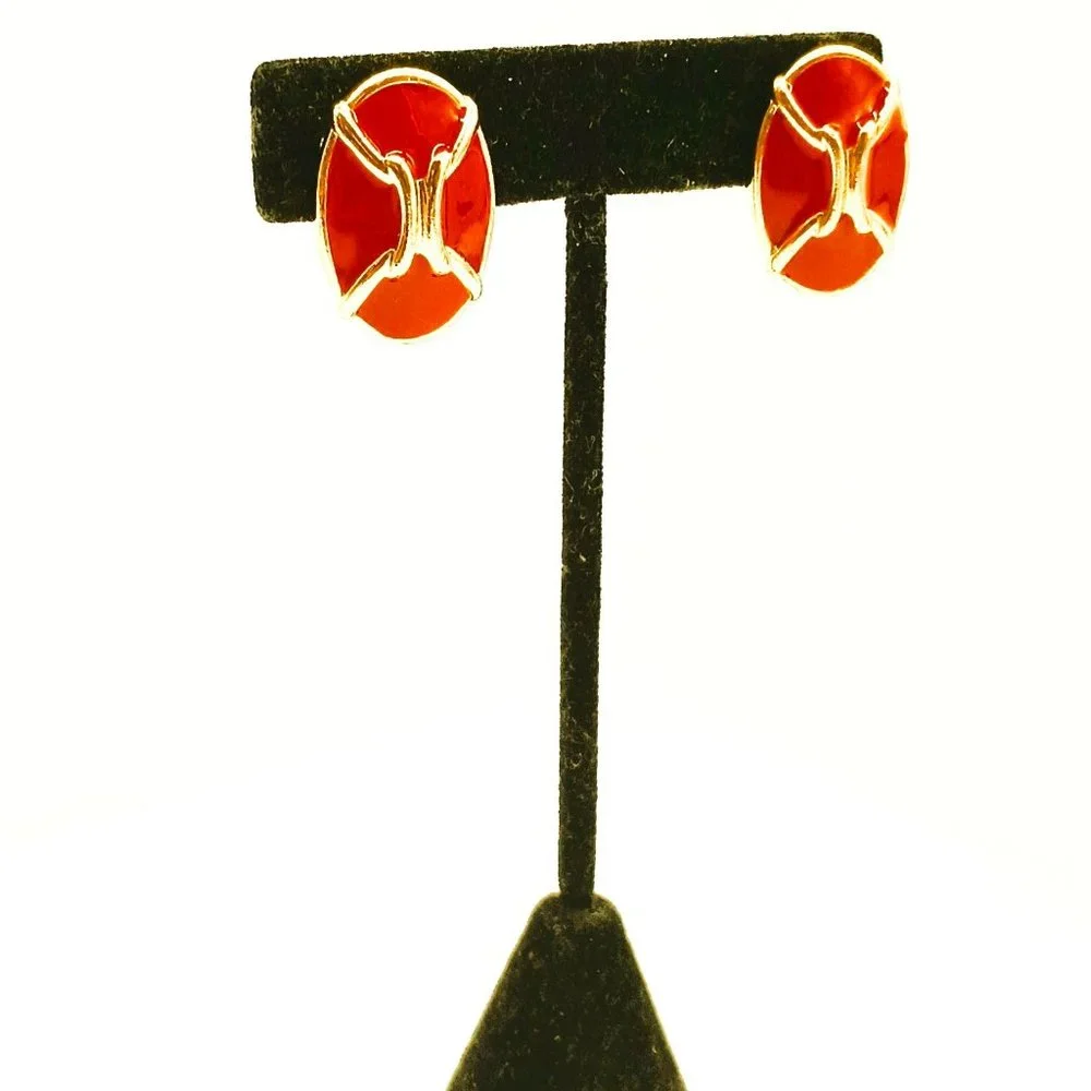 Gold Red Enamel Oval Earrings Clip On Statement Holiday Jewelry